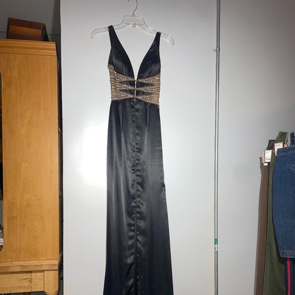 Sherri Hill Black Silk Formal Dress w/ Gold Beading Size 0